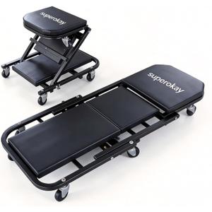 superokay 2-in-1 Folding Creeper Seat, 36-Inch Professional Mechanic Cart with 6 Casters, 300 lbs Capacity Rolling Creeper for Garage & Shop, Foldable Z Creeper Seat with Tool Tray