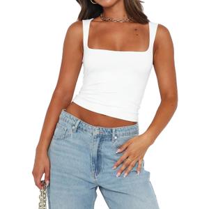 Chifeey Womens Sexy Crop Top Summer 2025 Square Neck Sleeveless Double Layer Going Out Tank Tops (White, L)