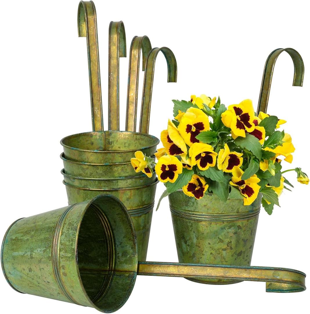 Briful 5'' Bronze Hanging Planters for Outdoor Plants,Rustic Galvanized Metal Buckets,Fence Balcony Railing Hanging Pots with Detachable Hooks,Set of 6 (Brown#033)