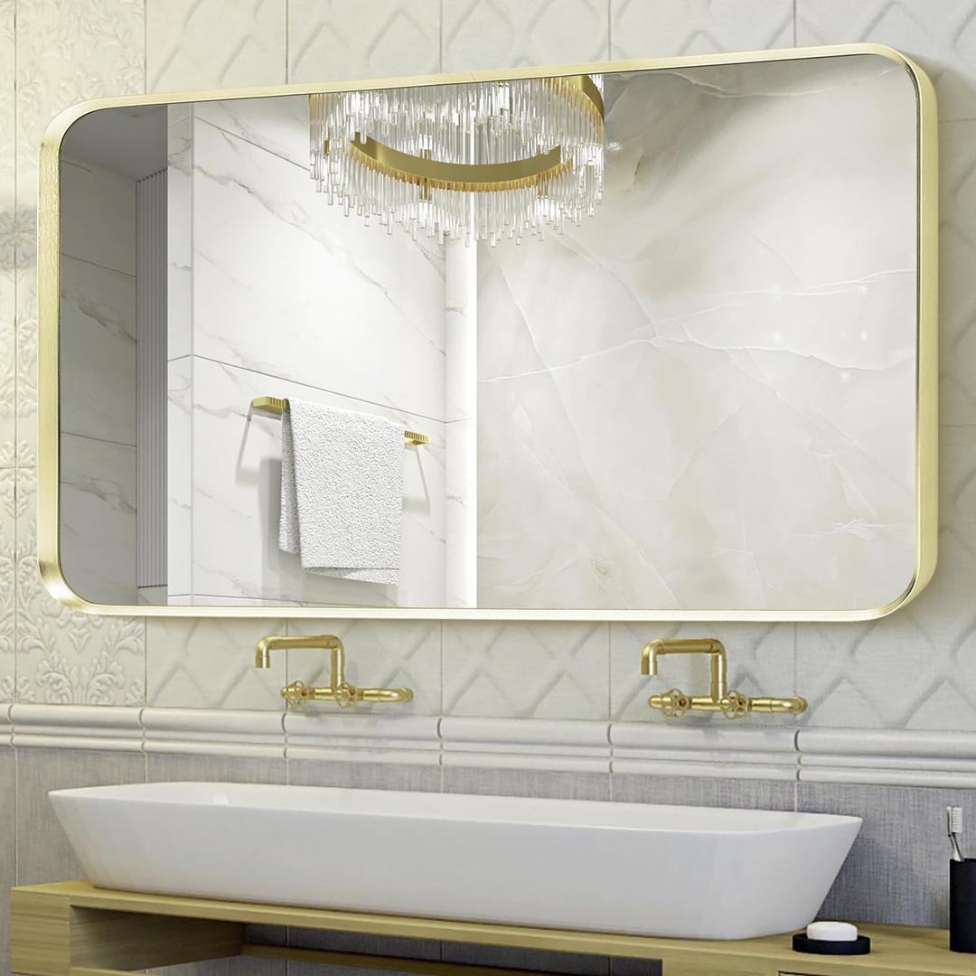 Gold Metal Framed Bathroom Mirror for Wall, Large Brushed Gold Rounded Corner Rectangular Bathroom Vanity Mirror, Anti-Rust, Tempered Glass, Hangs Horizontally or Vertically (30" x 55", Gold)