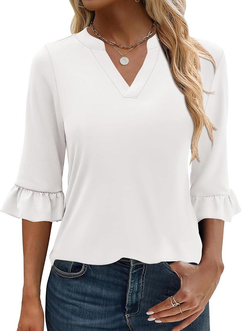ANRABESS Blouses for Women Dressy Casual 3/4 Sleeve V Neck Shirts Business Work Tunic Tops 2026 Fall Outfits Clothes (XL, White)