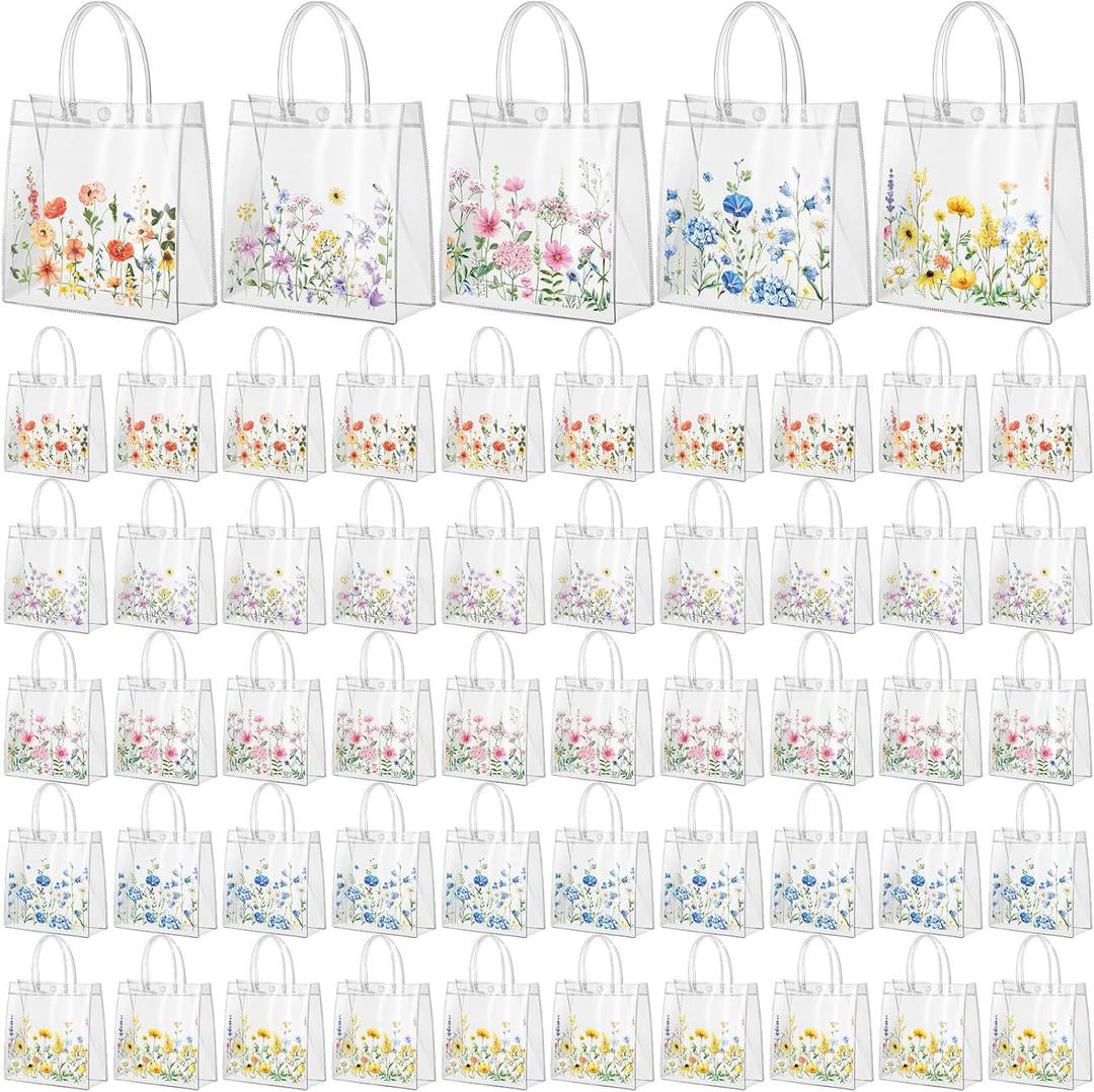 Canchiing 50 Pcs Wildflower Clear Gift Bags with Handles Reusable Spring Flower Treat Bags PVC Gift Wrap Totes for Floral Themed Baby Shower Wedding Birthday Party Favors, 7.9 x 7.9 x 3.1