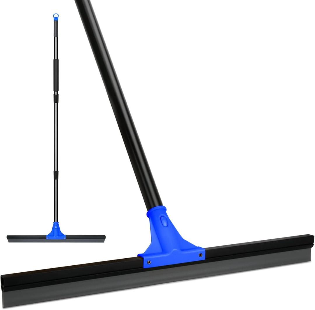Floor Squeegee for Concrete and Tile Cleaning, 24'' Rubber Wiper Broom, Large Heavy Duty Water Scraper with 60'' Long Handle for Garage, Deck, Bathroom, Shower Glass, Window (Blue)