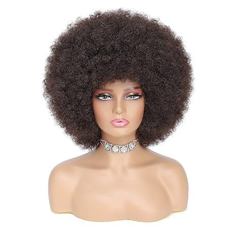 70s Afro Kinky Curly Wig For Women, Dark Brown, Synthetic Fibers, Soft, Bouncy, No Shedding, Adjustable Straps