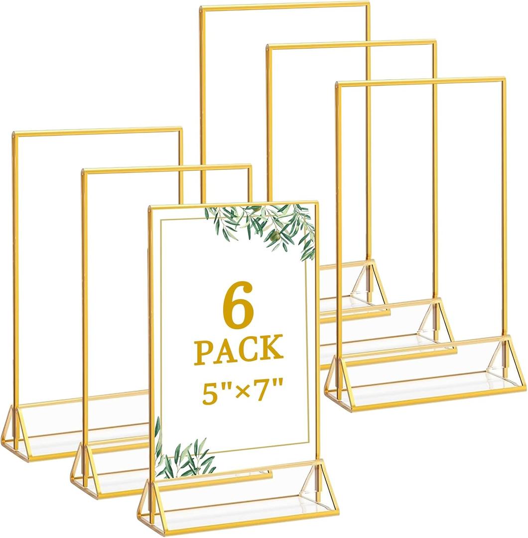 Floroom 6 Pack 5x7 Inch Clear Acrylic Sign Holders, Double-Sided Gold Display Stand Picture Frames for Table Numbers, Menus, Flyers, Weddings, and Offices