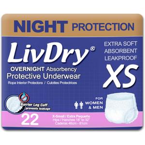 LivDry Adult XS Incontinence Underwear, Overnight Comfort Absorbency, Leak Protection, X-Small, 22-Pack