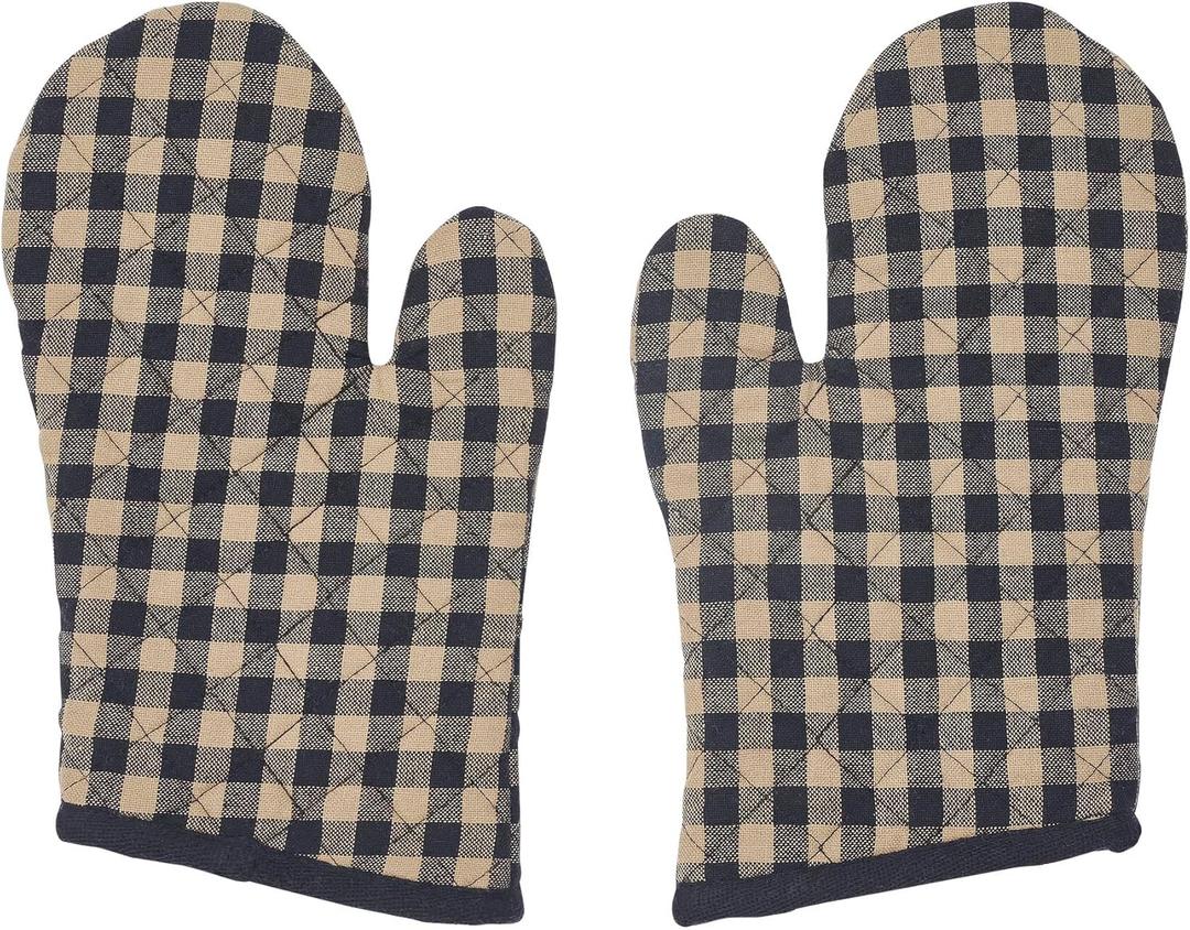 VHC Brands Cotton Oven Mitt Set of 2, Heat Resistant, Baking Glove Pot Holder, Kitchen Mitts, Black Check Collection, 12.5x8, Country Black