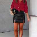 Diosun Womens Striped Sheer Button Down Shirts Long Sleeve Collared Drop Shoulder Stylish Casual Blouse Tops (Red, L)