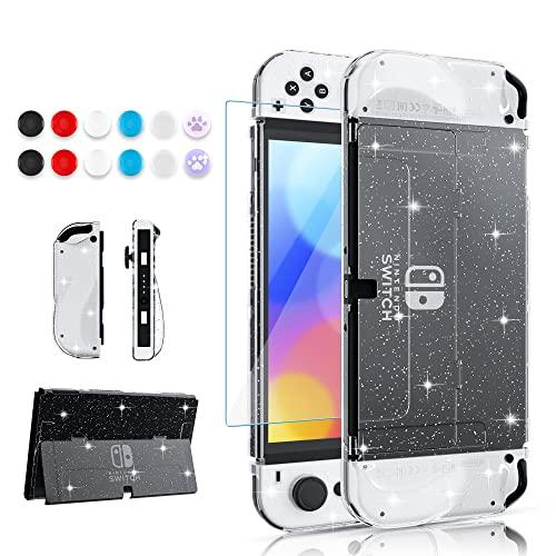 Improved - FANPL Sparkle Case Set for Nintendo Switch OLED 2021, Hard PC Cover for Switch OLED Console and Soft TPU Joy Con Grip Case, Accessories with Screen Protector, 12 Thumb Grip Caps (Glitter)