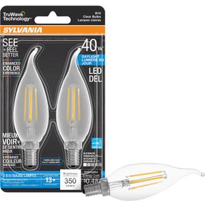 Sylvania LED TruWave Natural Series Dcor B10 Light Bulb, 40W Equivalent, Efficient 4W, Candelabra Base, 350 Lumens, Dimmable, Clear 5000K, Daylight - 2 Pack (40791)