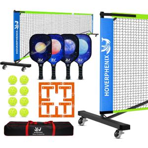 Hoverphenix Portable Pickleball Net Set, 22FT Regulation Size Pickle Ball Net with Paddle Set of 4, Pickleballs and Carry Bag, Easy Setup for Indoor Gym, Outdoor Court,Driveway, Backyard