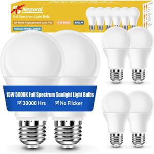 Neporal 15W Full Spectrum Light Bulb, 5000K UV-Free Natural Sunlight Bulbs, 15W 120W Equivalent LED Light Bulb, CRI 90+, No Flicker,1200Lumen Daylight Sunlight Lamp for Home & Office, 6PK