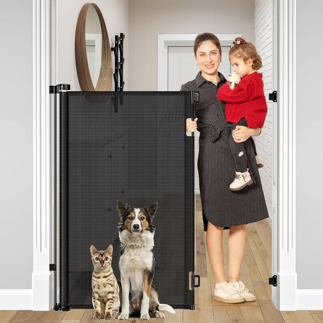 48 Inch Extra Tall Pet Gate, Extends to 55" Wide, Extra Tall Retractable Baby Gates for Dogs Indoor Dog Gate Mesh Cat Gate for Doorways - Upgraded Height to Prevent Jumping Over, Black