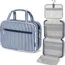 PAVILIA Hanging Toiletry Bag Travel Bag Women Men, Foldable Cosmetic Organizer, Roll up Makeup Bag, Water Resistant Accessories Toiletries, Large Travel Essentials Kit (Navy Stripe)