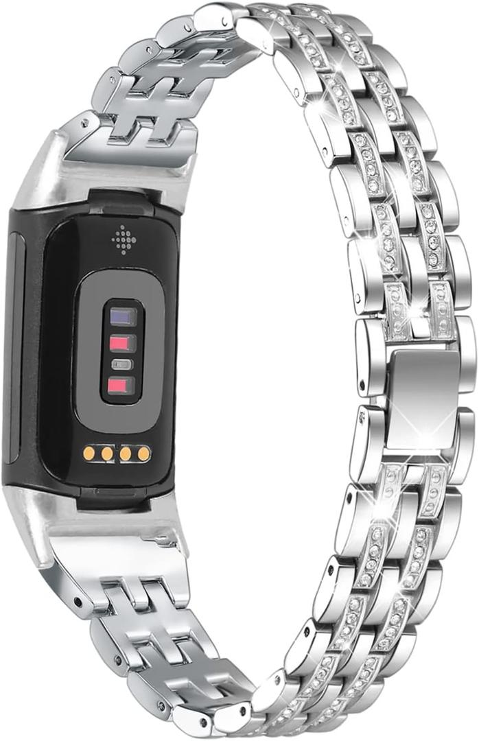 Bling Bands Compatible with Fitbit Charge 6/Charge 5, Metal Bracelet Luxurious Rhinestone Replacement Wristband for Women, Silver Black Gold