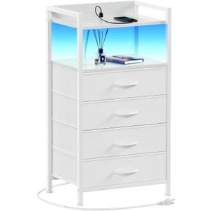 Furnulem White Nightstand with Charging Station, Night Stand Side Table with Led Light, Tall Dresser for Bedroom with 4 Fabric Storage Drawers, Metal Frame, Wood Shelf(White)