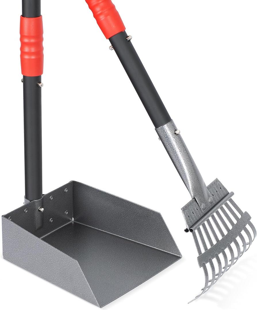 Heeyoo Dog Pooper Scooper, Dog Poop Tray and Rake Set, Pet Waste Removal Scoop with Long Adjustable Sectional Stainless Handles (Black/Red)