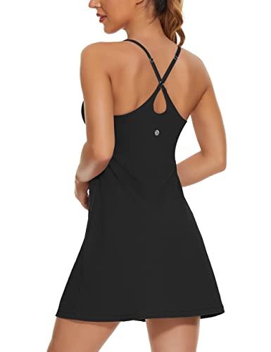 Womens Tennis Dress, 2-in-1 Golf Workout Dress with Built-in Bra & Shorts Pockets, Athletic Dresses with Adjustable Strap A-Black, M