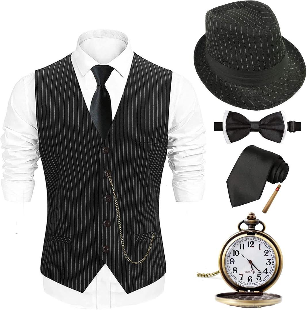 EFORLED Halloween 1920s Mens Costume 2025,Gatsby Gangster Vest,Vintage Pocket Watch,Pre Tied Bow Tie,Tie (Black, L)