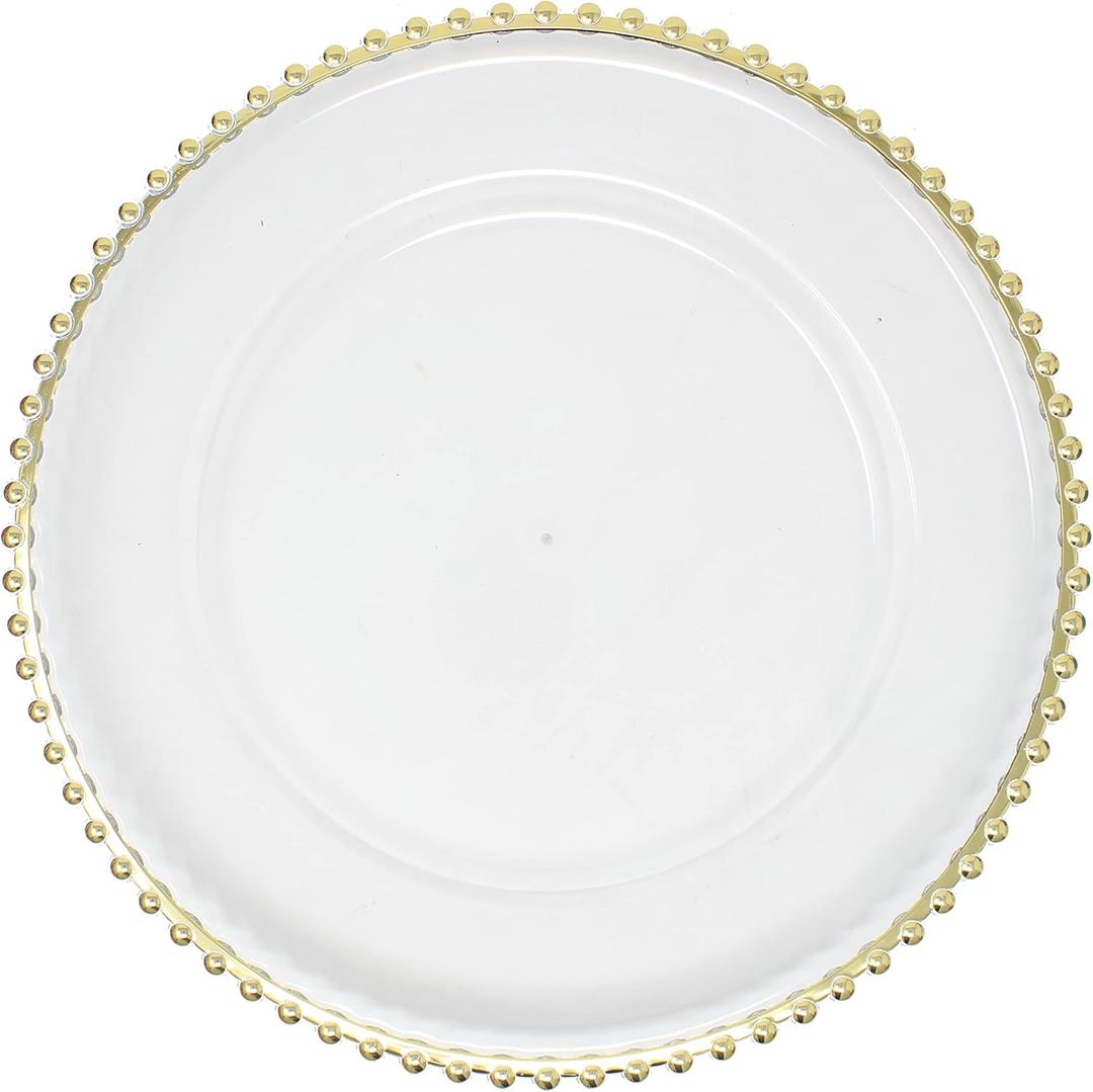 Ms Lovely Clear Charger Plates with Metallic Beaded Rim - Set of 6 - Made of Thick Plastic - Gold