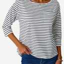 SOFIA'S CHOICE Women's Striped Shirt Loose Fit 3/4 Sleeve T Shirts Summer Casual Tee Top Black Medium (M)