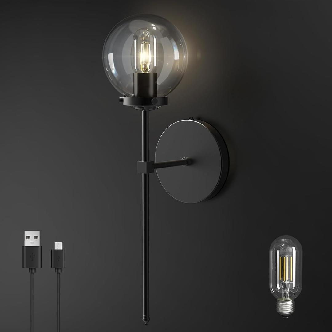 C03 Battery Operated Wall Sconce No Wired Rechargeable Wall Lamp with Clear Glass Shade Easy to Install Cordless Wall Light Fixtures for Bathroom Hallway Kitchen Mirror Black(Bulb Included) (Minimalist - Globe Glass)