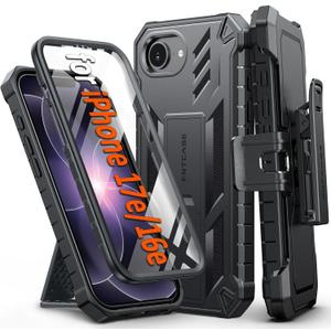 FNTCASE for iPhone 17e Phone Case: for iPhone 16e Case Military Grade Rugged Case with Kickstand & Holster | Shockproof TPU Protection Bumper Matte Textured Design | Heavy Duty Protector Black