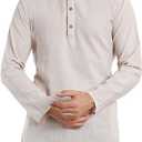 SKAVIJ Mens Handloom Cotton Kurta Long Sleeve Henley Shirt Crewneck Casual T-Shirts (Off White, Large)
