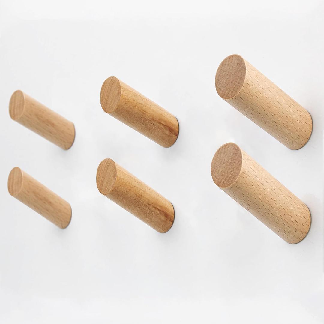 evory 6 Natural Wood Hooks for Wall, Rustic Wooden Coat Hooks Wall Mount, Hat Hooks for Wall, Decorative Coat Rack Hangers, Heavy Duty Coat Hanger Hooks for Hanging Bags,Towels,Purse(Beech Wood)