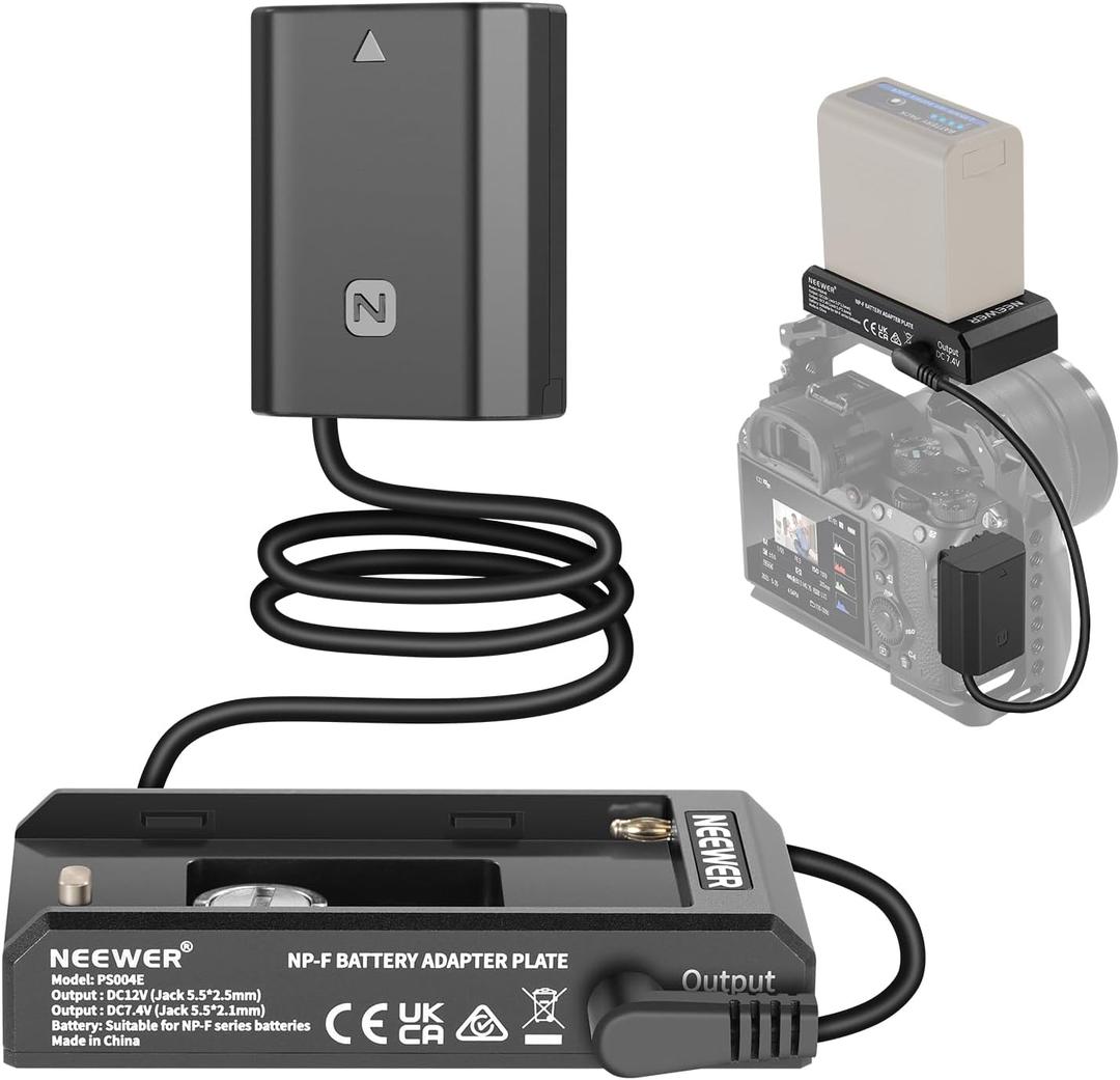 NEEWER NP-F Battery Adapter Plate with NP-FZ100 Dummy Battery, DC 12V 5.5x2.5mm Male & 7.4V 5.5x2.1mm Male Outputs, Compatible with Sony ZV-E1 FX30 FX3 a1 a9 a7S III a7R V a7C a6600 Cameras, PS004E