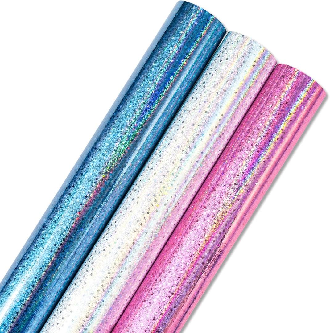 Burymento Mini Wrapping Paper Roll, Metallic Holographic Star Gift Wrap for Birthday, Valentines, Mothers day, Graduation, Wedding, Fathers day, Baby Shower, Christmas (17 Inch x 120 Inch - 3 Rolls) (Star - Pink Blue Silver)