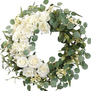 TEMPUS 20" Hydrangeas Spring Wreath for Front Door, Artificial Summer Green Wreaths with White Peony Flowers for Farmhouse Home Wedding Party Wall Windows Outdoor DecorWhite