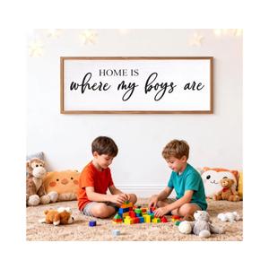 Home Is Where My Boys Are Wall Art: 32 x 12 Inch Rustic Horizontal Framed Sign, Mom of Boys Decor, Boy Room Wall Decor, Wood