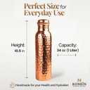 100% Copper Water Bottle, Hammered Finish Design, (34 Oz/1000ml), Copper Bottle for Drinking water with Nature Health Benefits, Leak-Proof, Durable & Eco-friendly, Ayurvedic water Bottle