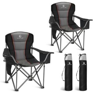 LET'S CAMP Folding Camping Chair Oversized Heavy Duty Padded Outdoor Chair with Cup Holder Storage and Cooler Bag, 450 LBS Weight Capacity, Thicken 600D Oxford,2 Pack (Black)