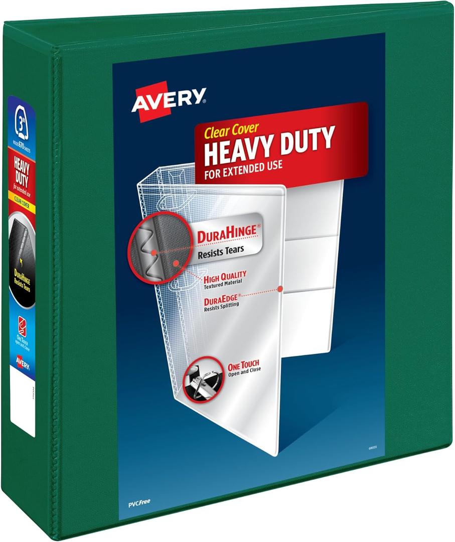 Avery Heavy-Duty View 3 Ring Binder, 3 Inch One Touch EZD Rings, 670-Sheet Capacity, 3.5 Inch Wide Spine, Customizable Clear Cover and Spine, 1 Green Binder (79109)