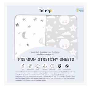 TotAha Premium Stretchy Crib Sheets (2-Pack)-Hypoallergenic, Silky Comfort, Buttery Soft, Calming Effect, All-Season Jersey-Knit Sheets, 9'' Extra Deep Pocket, Moon & Grey Sky