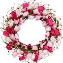 Valentines Day Decorations 20 Inch Valentine's Day Wreath Pink Valentine Wreaths for Front Door with Red Love Heart Berries Pink Tulips Wedding Anniversary Decor