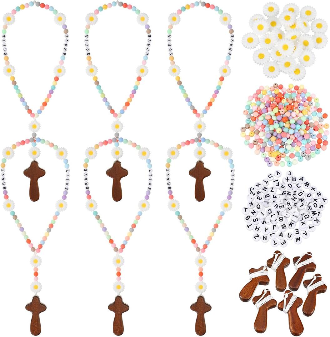 Liliaafar 436 Pcs Rosary Jewelry Making Kit DIY Catholic Rosary Prayer Making Supplies with Cross, Daisy Beads and Alphabet Beads First Communion Necklace Set for Easter Party Baptism Gift