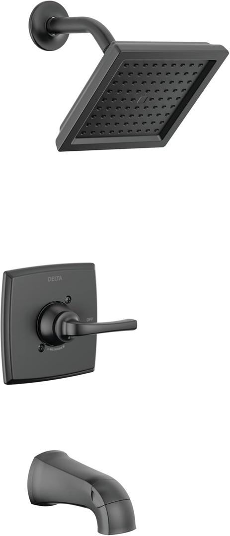 Delta Faucet Geist 14 Series Tub and Shower Trim Kit, Black Shower Faucet with Single-Spray Matte Black Shower Head, Shower Faucet Set Complete, Matte Black 144864-BL (Valve Included)
