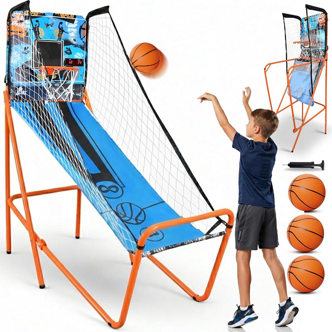 SereneLife Dual Shot Basketball Arcade Game with Electronic Scorer, 8 Game Modes, Indoor Outdoor 2 Player Basketball Shooting Game, Foldable Arcade Set with 5 Balls and Pump, One Size