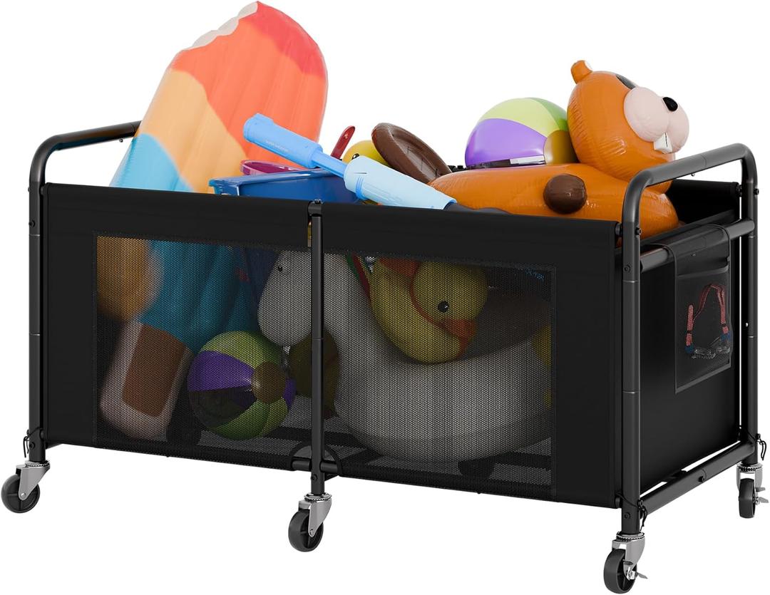 StorageWorks 120 Gallon Pool Float Storage, Mesh Pool Toy Storage Bin with Wheel and Side Pockets, Small Swimming Organizer, Outdoor Noodles Holder, Black