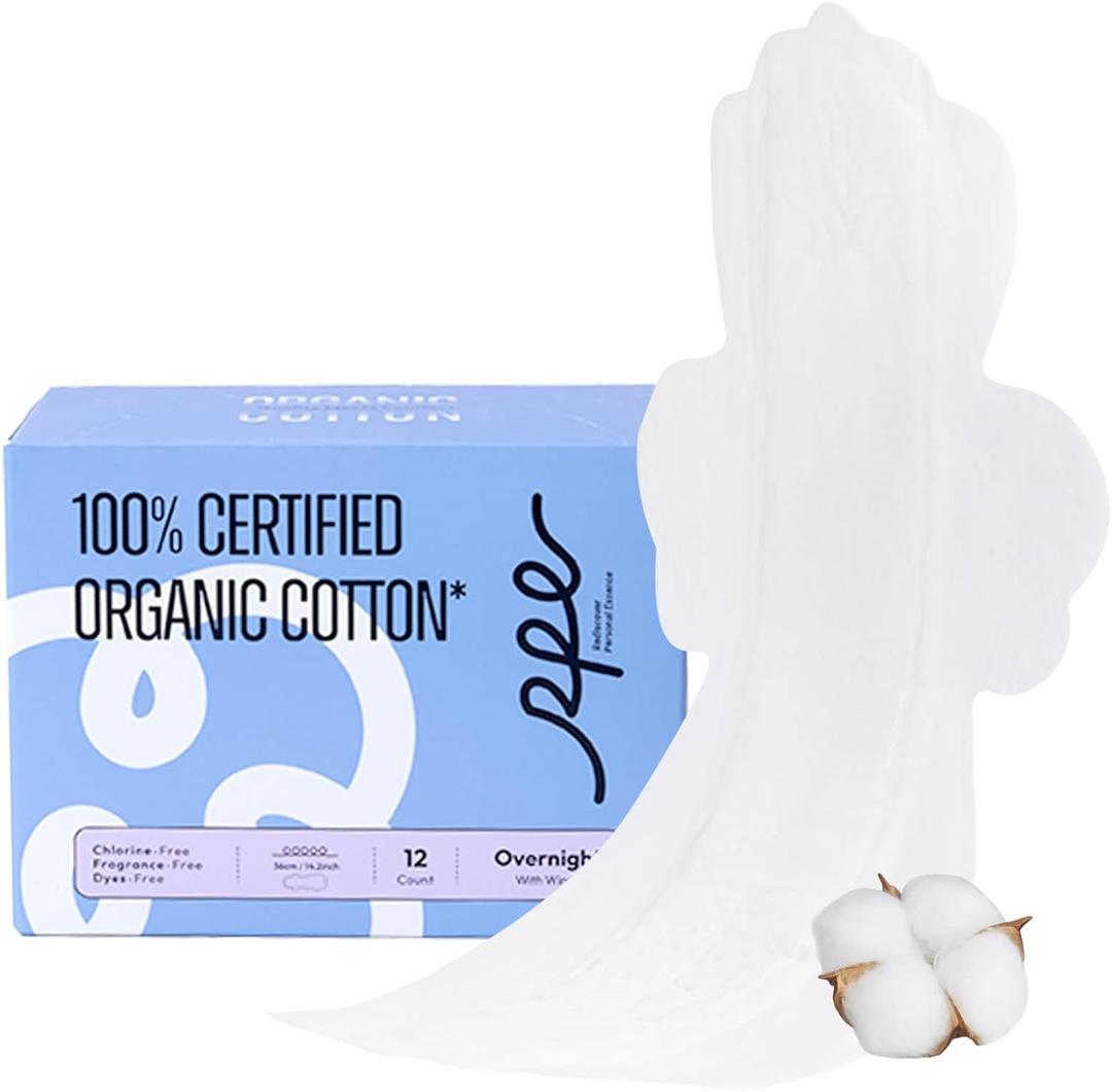 100% Organic Overnight Pads for Women, Ultra Thin Extra Heavy Flow Sanitary Pads with Wings Cotton Menstrual Pad Extra Coverage Period Pad Super Absorbency Feminine (Overnight, Size 5, 12 Ct)