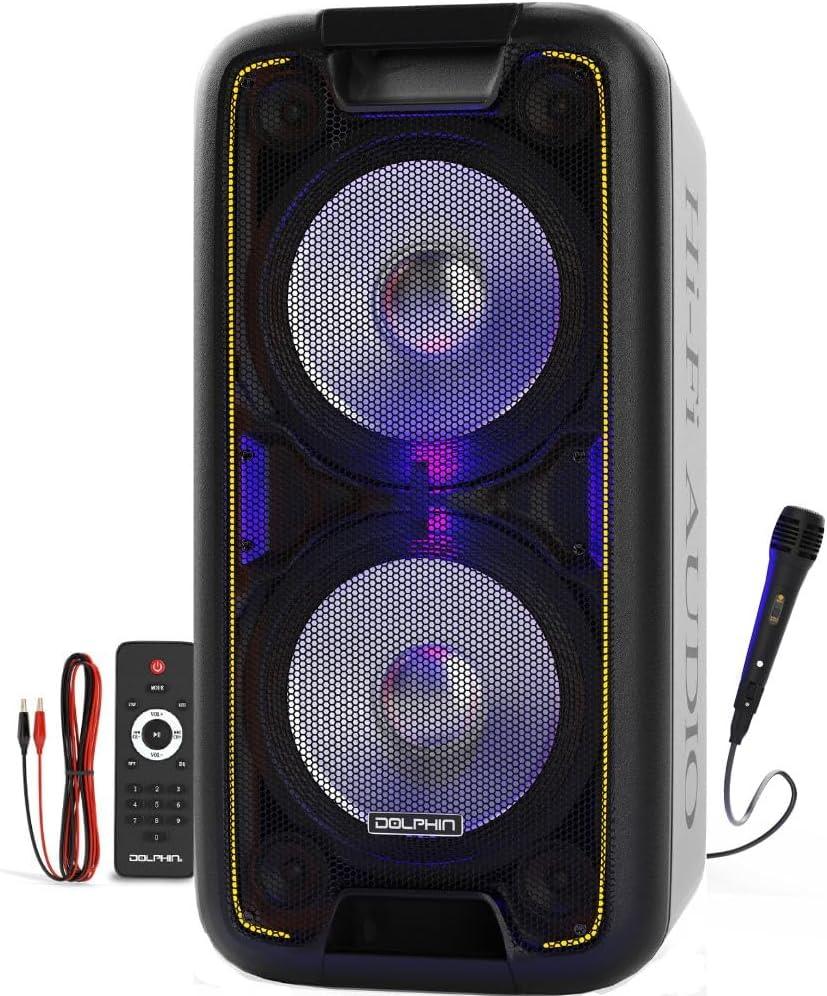 Dolphin Bluetooth Party Speaker, Neon LED Lights, High Power, X-Bass, Long-Lasting Battery, Trolley & Wheels, Portable Sound System