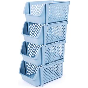 4Pcs Stackable Storage Basket Organizer for Food Snacks Toys Toiletries Plastic Storage Bins Blue