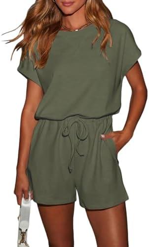 AlvaQ Womens Summer Casual Short Sleeve Rompers Solid Crewneck Drawstring One Piece Shorts Romper with Pockets S