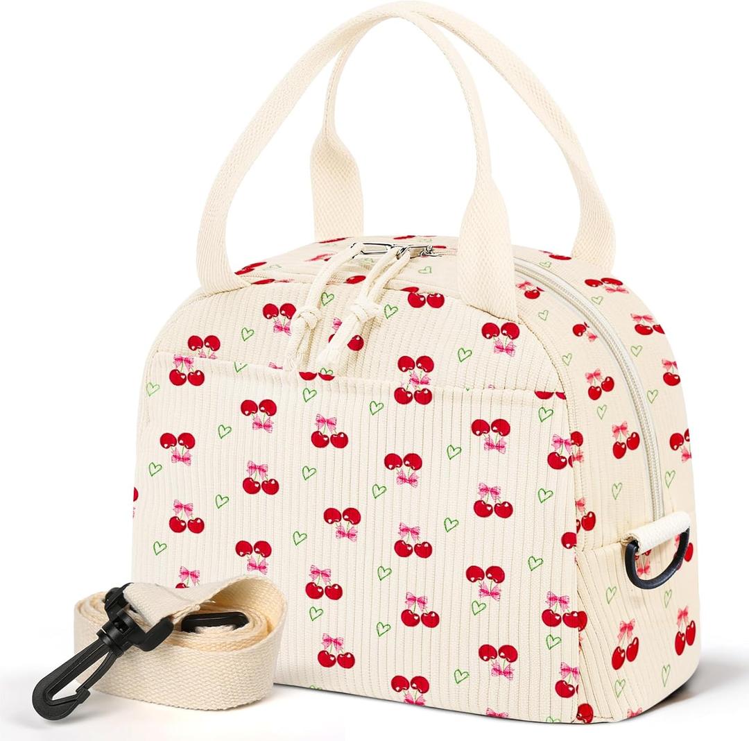 WOBAGMEN Lunch Box for Women, Lunch Bag Cute Corduroy Insulated Lunch Box With Shoulder Strap for Adult Womens for Work Picnic (Cherry Heart)