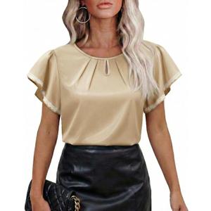 siliteelon Blouses for Women Business Casual Tops for Women Ruffle Short Sleeve Flowy Satin Silk Work Trendy Elegant Summer (L)
