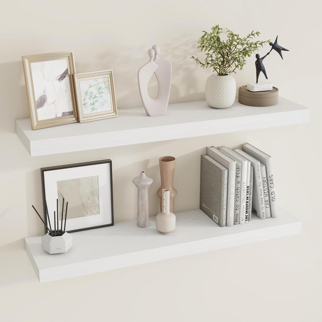 Dreamland 36 inch Floating Shelves for Wall Large Wall Mounted Shelves with Invisible Brackets, White Long Wall Shelves for Bathroom, Living Room, Kitchen, Office, 36x7.9 inch deep Set of 2 (36inch x 7.9inch)