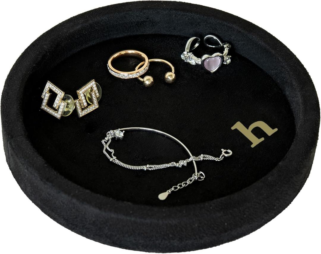 COLLECTIVE HOME - Velvet Jewelry Tray, 6" Monogrammed Jewelry Dish, Smooth Velour Display Dish for Rings, Earrings, Necklaces, Makeup, Personalized Gifts for Women (Black-h)